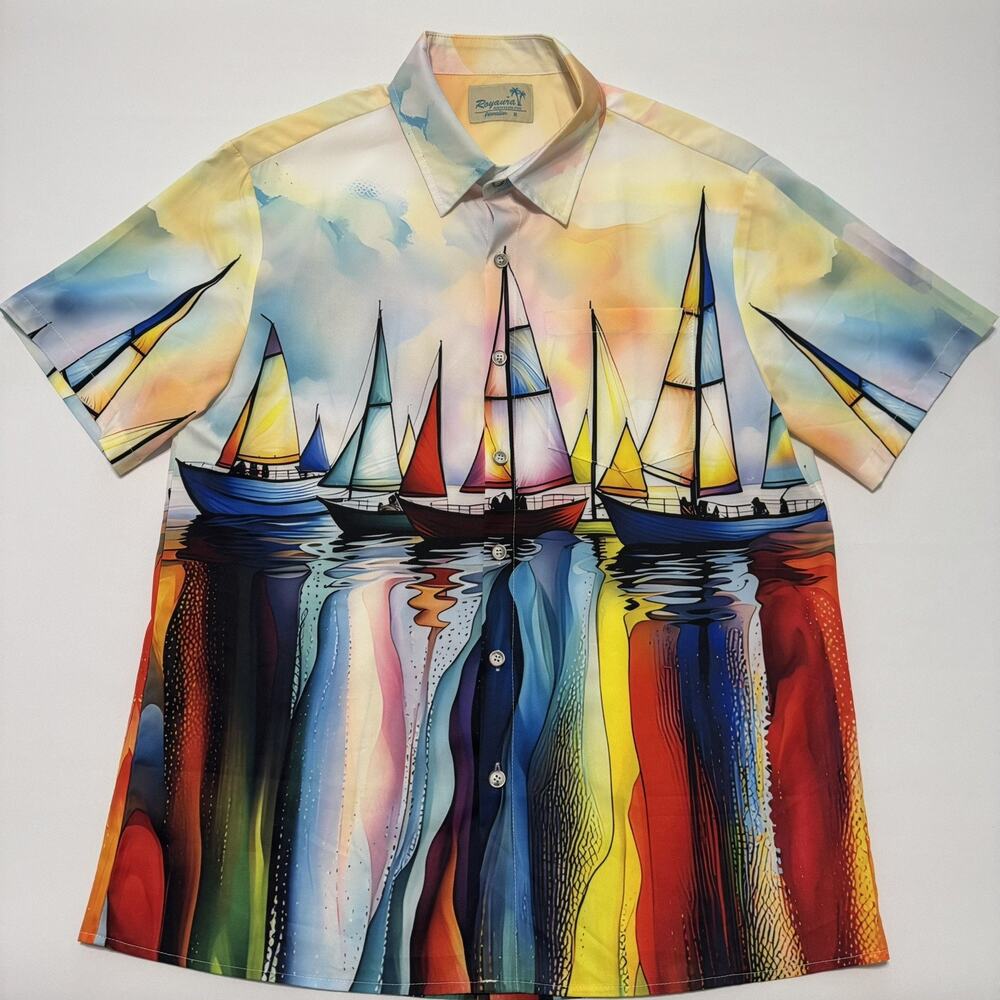 Royaura Men's Hawaiian Short Sleeve Medium Multi Color Sail Boat Print Shirt - Picture 12 of 14